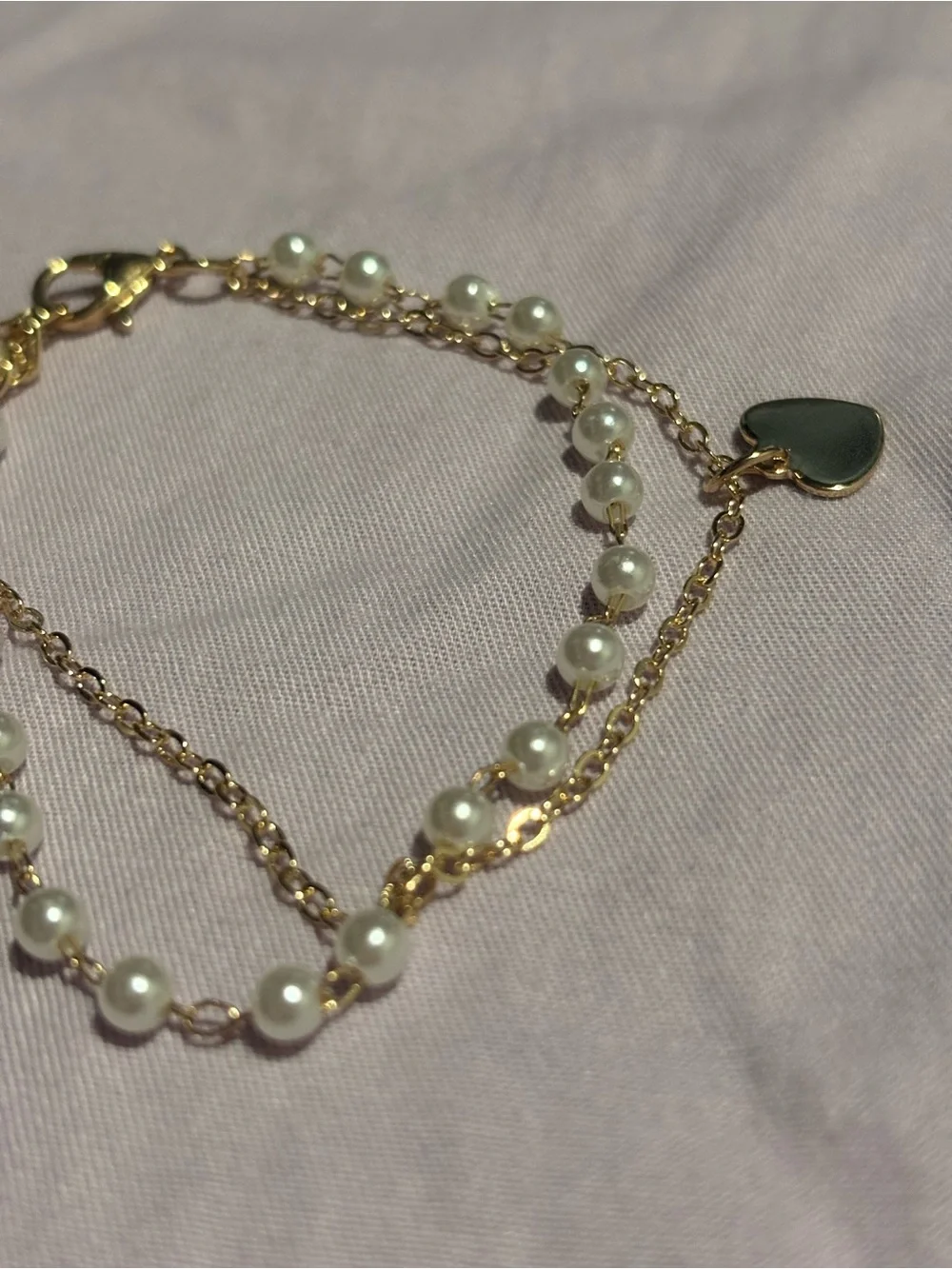 Gold toned Pearl Heart Charm Bracelet